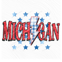 Michigan Glitter with Foil Stars & Gingham Stitched Bolt in Red, White & Blue Patriotic Digital Design, PNG