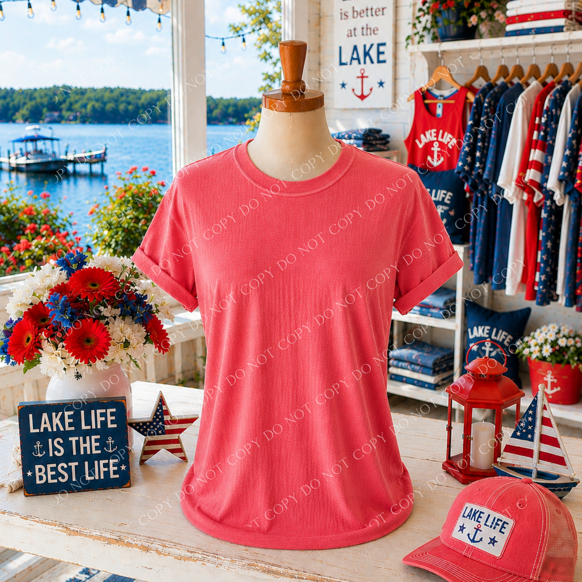 Patriotic Lake Side Blank Mockup, Comfort Colors Watermelon