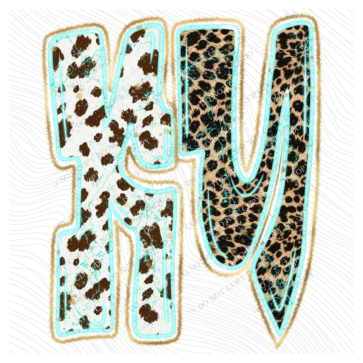 KY Kentucky Turquoise Glow Gold Foil Western Leopard & Cow Print Digital Design, PNG Only