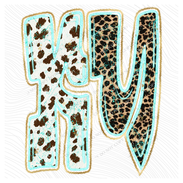 KY Kentucky Turquoise Glow Gold Foil Western Leopard & Cow Print Digital Design, PNG Only