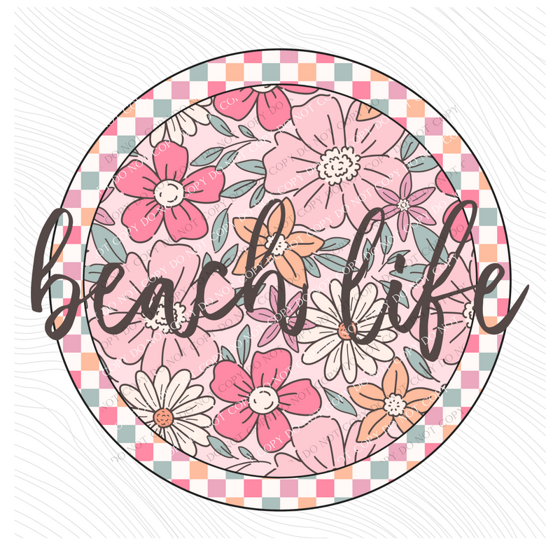 Beach Life Checkered Floral Script Circle in Summery Colors Digital Design, PNG