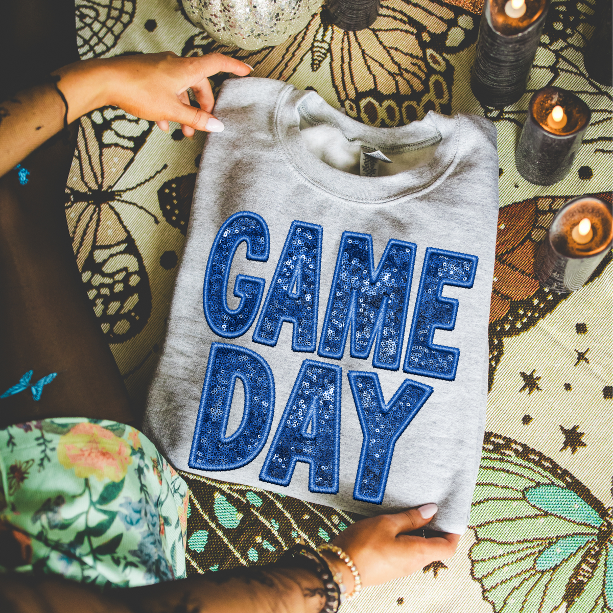 Game Day Faux Embroidery Sequin in Blue Digital Design, PNG