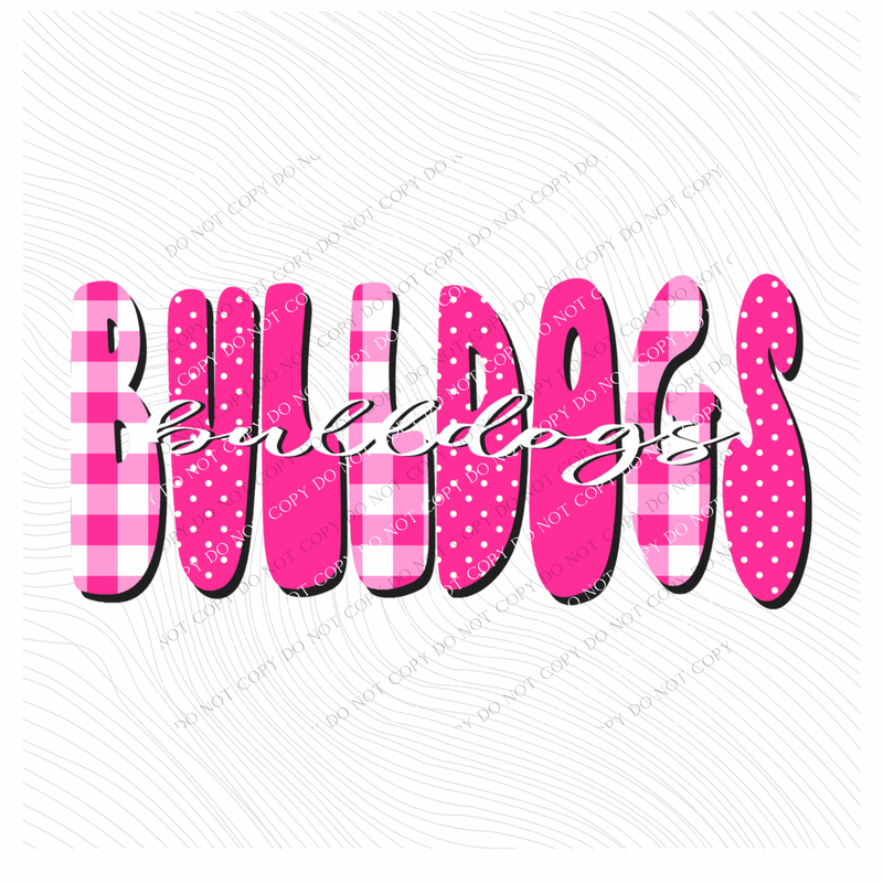 Bulldogs Gingham Dots Groovy Script in Pink & White Digital Design, PNG