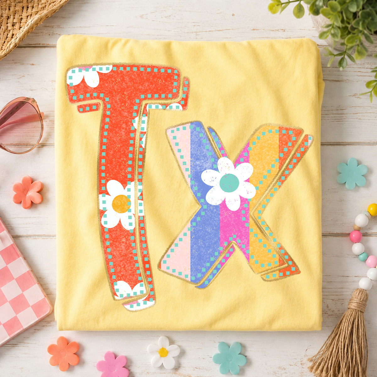 TX Texas Flower Power Distressed Doodle Digital Design, PNG