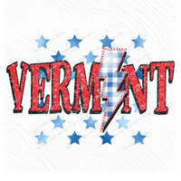 Vermont Glitter with Foil Stars & Gingham Stitched Bolt in Red, White & Blue Patriotic Digital Design, PNG