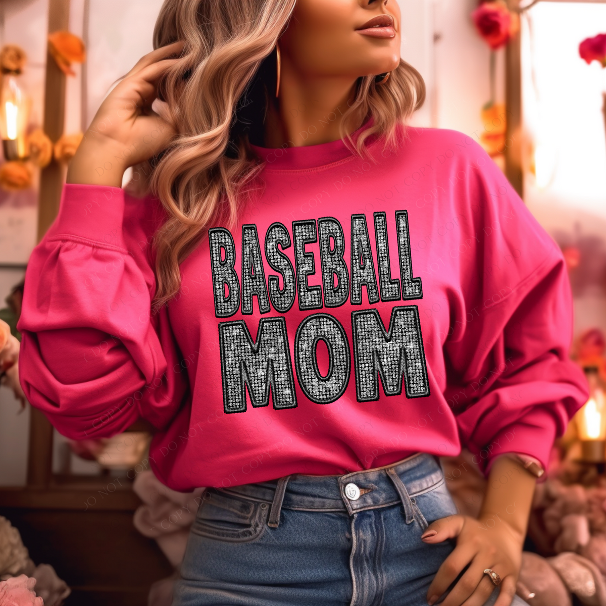 Baseball Mom Faux Embroidery Diamonds Bling in Black Digital Design, PNG