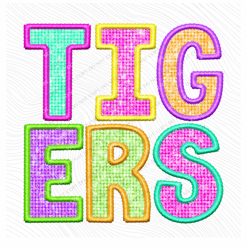 Tigers Faux Embroidery Diamond in Multi Neons Digital Design, PNG