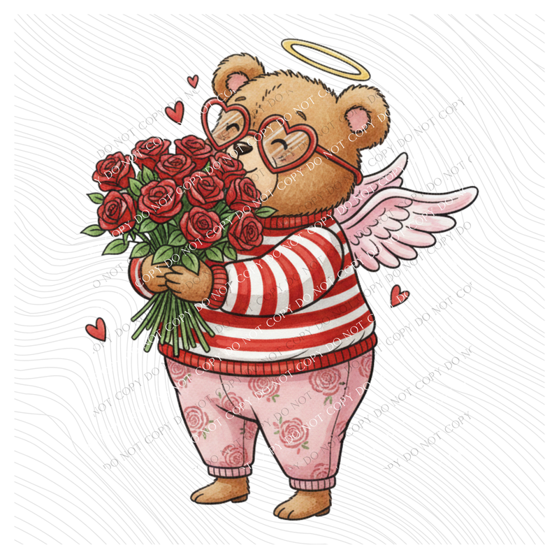 Smell the Roses Whimsy Bear Valentine’s Sketch Digital Design, PNG