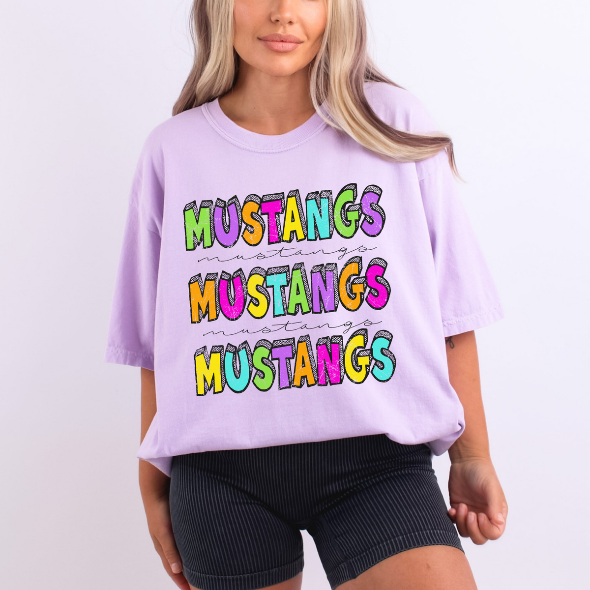 Mustangs Bubble Dot Stacked Script Distressed in Neons Digital Design, PNG