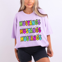 Mustangs Bubble Dot Stacked Script Distressed in Neons Digital Design, PNG