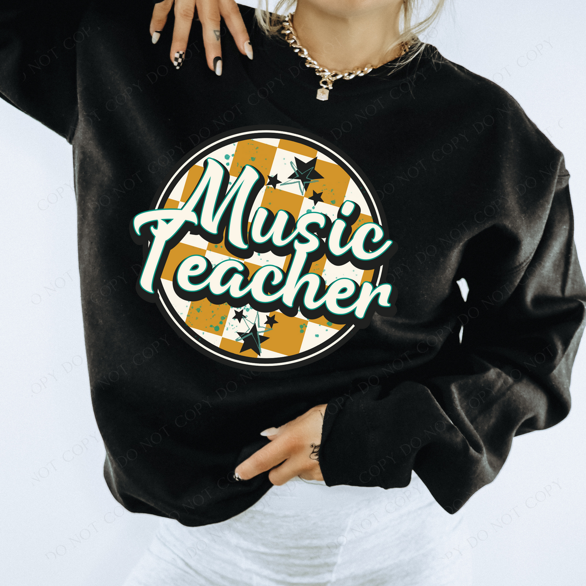 Music Teacher Mustard Checkered Circle with Stars School Digital Design, PNG