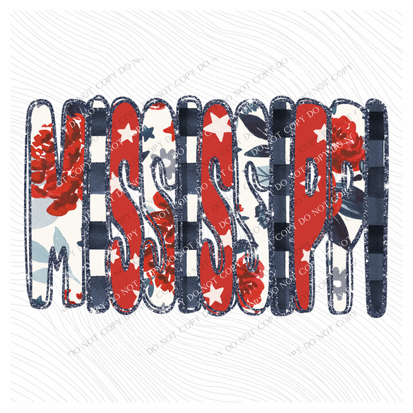 Mississippi Glitter, Floral, Gingham & Stars Patriotic Digital Design, PNG