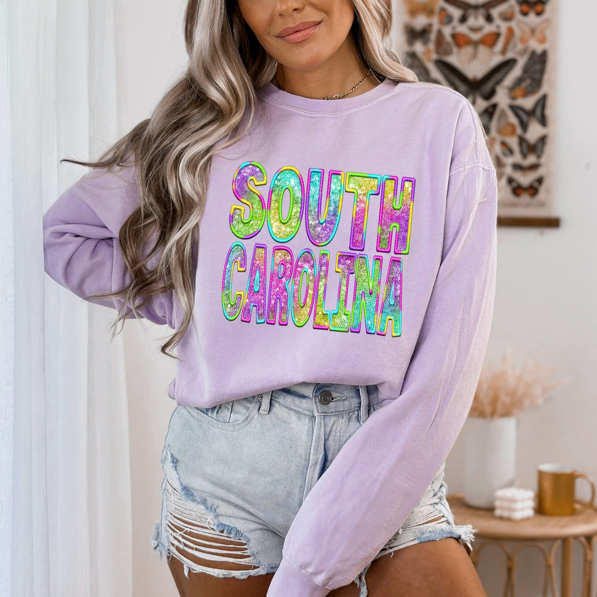 South Carolina Faux Embroidery & Sequin in Colorful Fun Tie Dye Digital Download, PNG