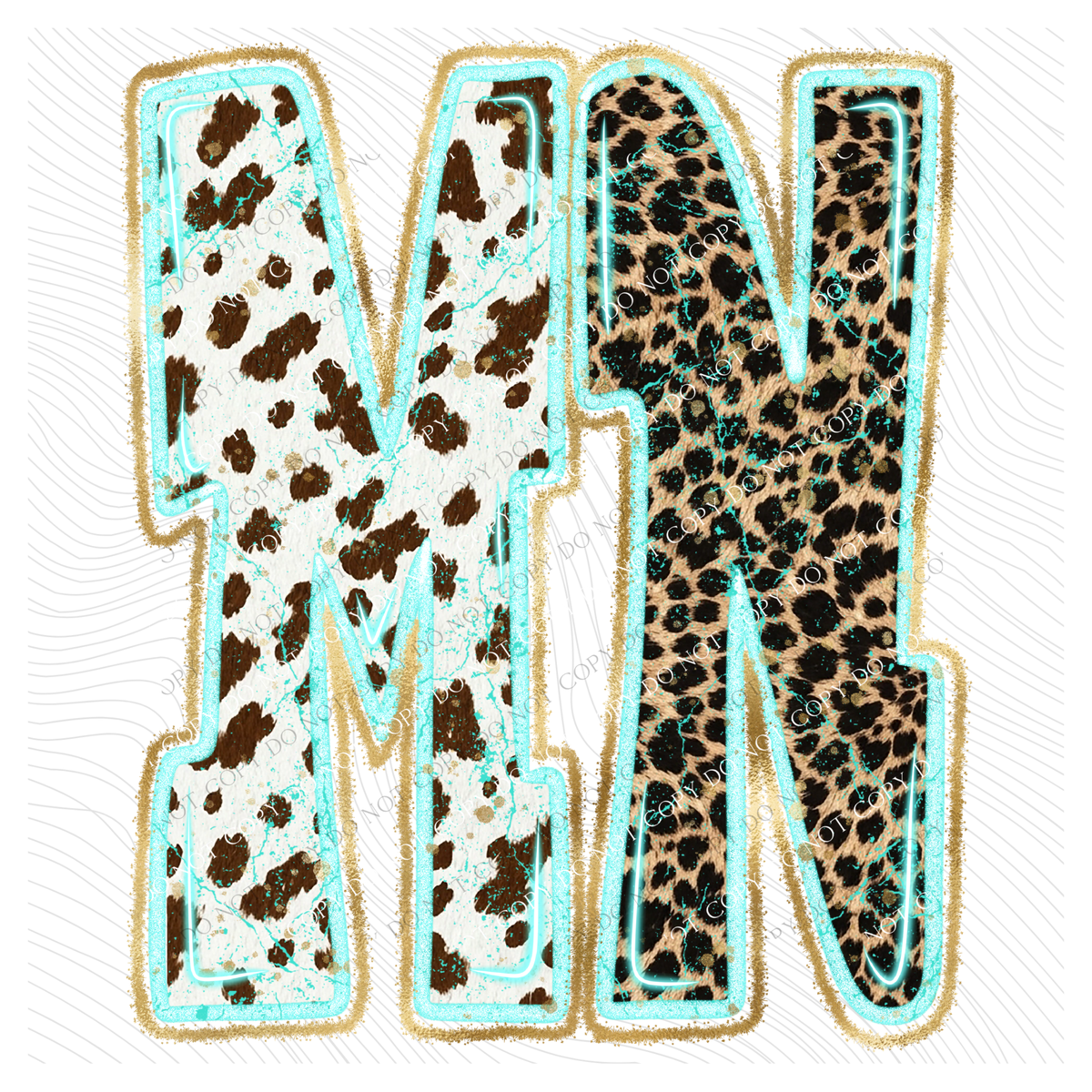MN Minnesota Turquoise Glow Gold Foil Western Leopard & Cow Print Digital Design, PNG Only