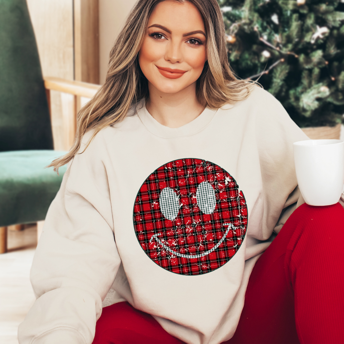 All Smiles Red Plaid & Diamonds Distressed Digital Design, PNG