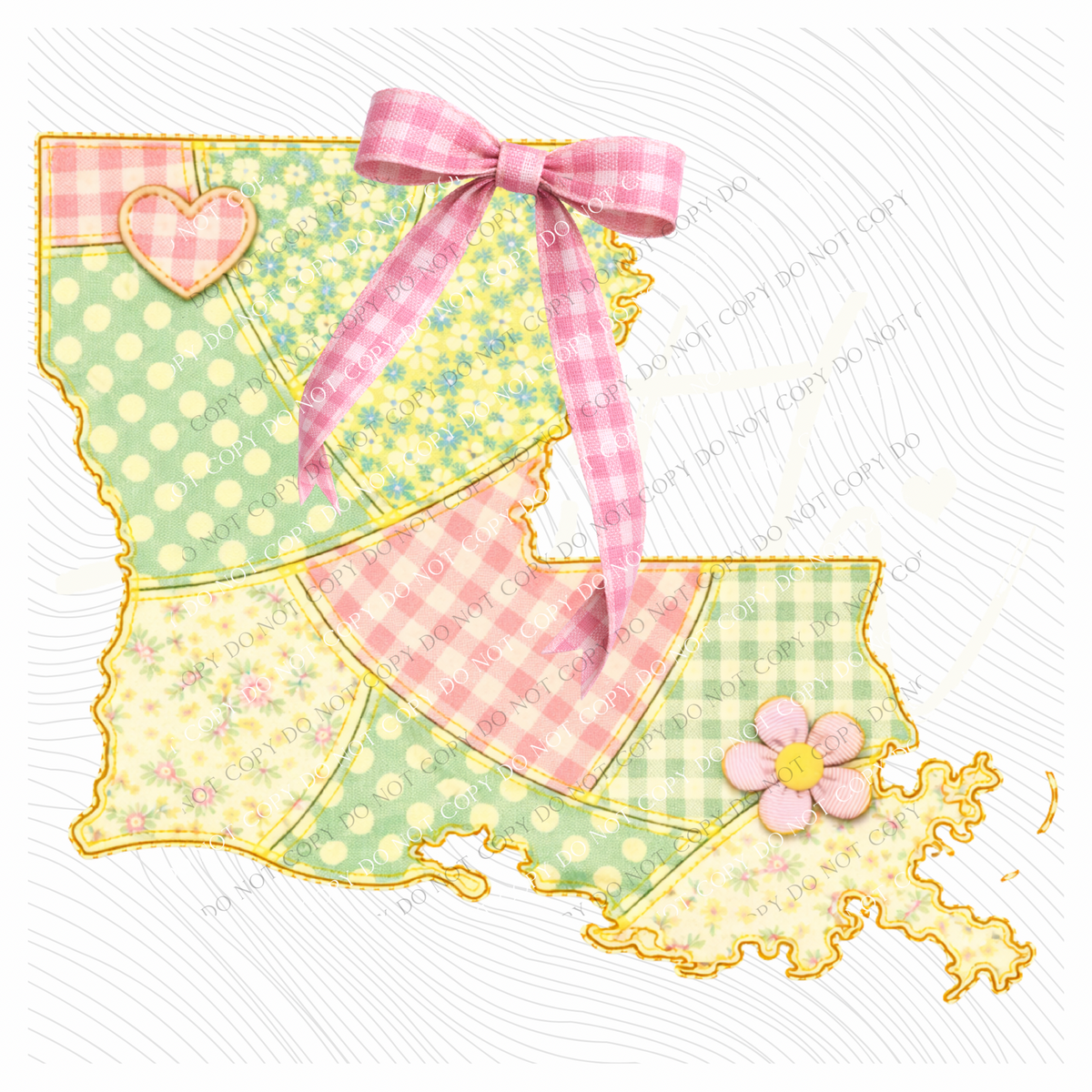 Louisiana Spring Tones Quilted Faux State Patch with Bow Digital Design, PNG