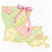 Louisiana Spring Tones Quilted Faux State Patch with Bow Digital Design, PNG