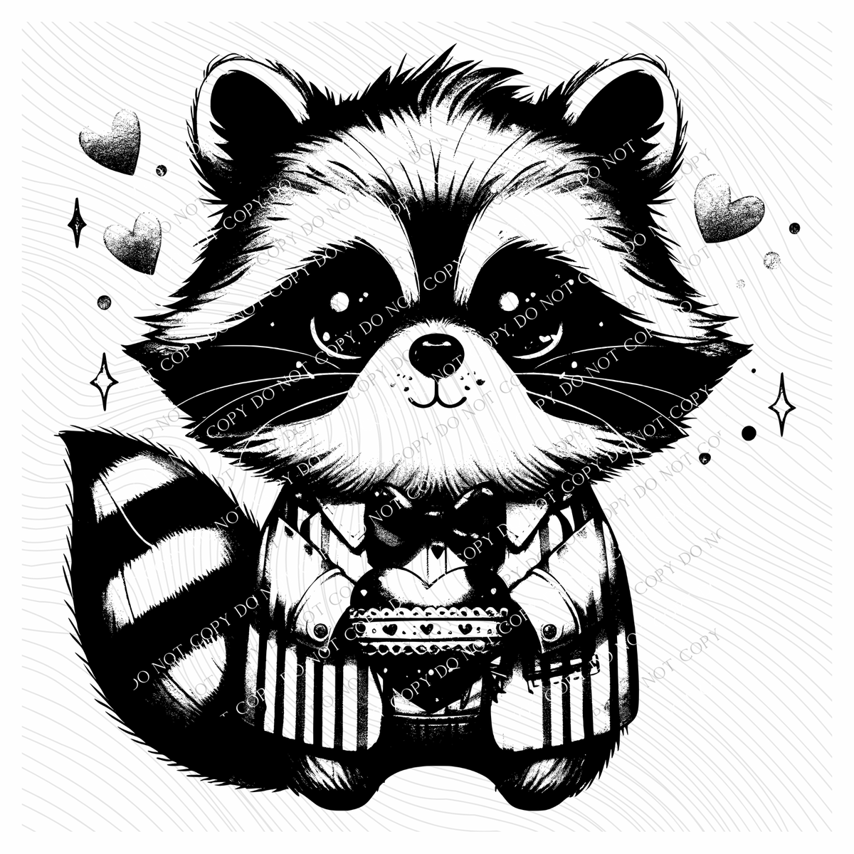 Valentine’s Raccoon & Hearts Black Outline Digital Design, PNG