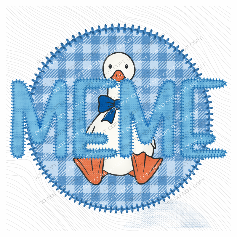 Meme Goose Faux Embroidery Stitch Gingham Texture Circle Blue Digital Design, PNG
