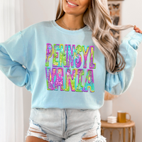 Pennsylvania Faux Embroidery & Sequin in Colorful Fun Tie Dye Digital Download, PNG