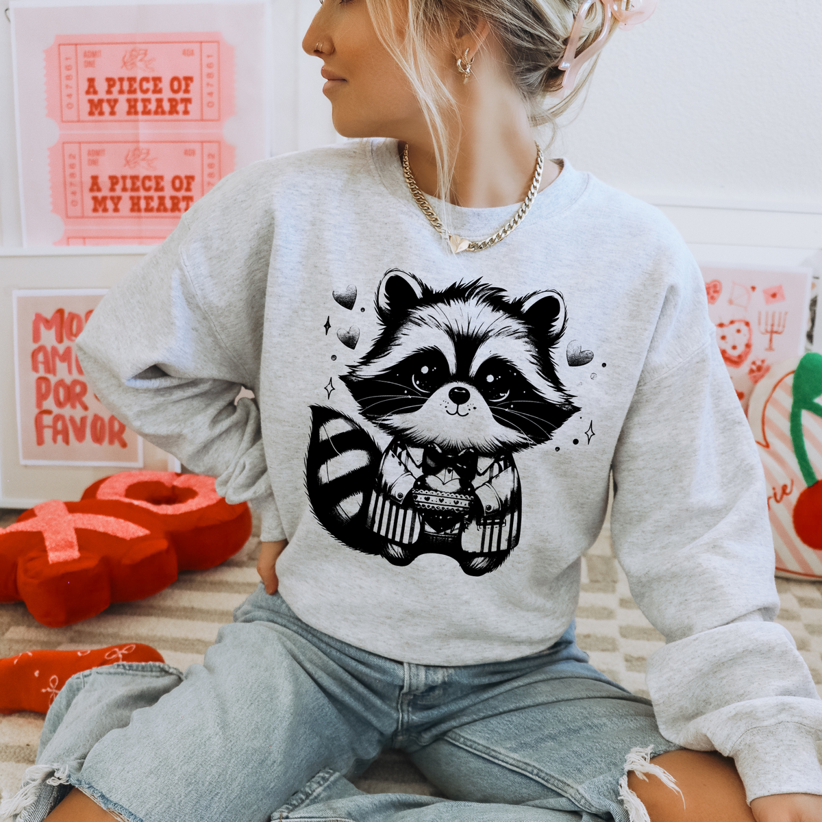 Valentine’s Raccoon & Hearts Black Outline Digital Design, PNG