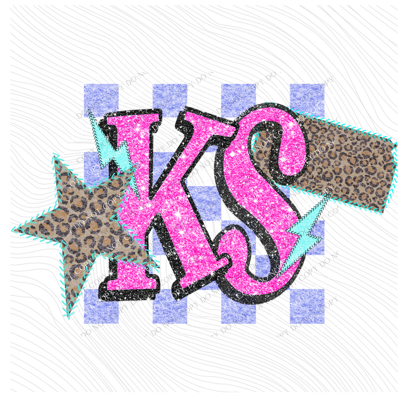 Kansas Leopard Checkered Glitter Star & Stitched Bolt & State in Bright Summer Colors Digital Design, PNG