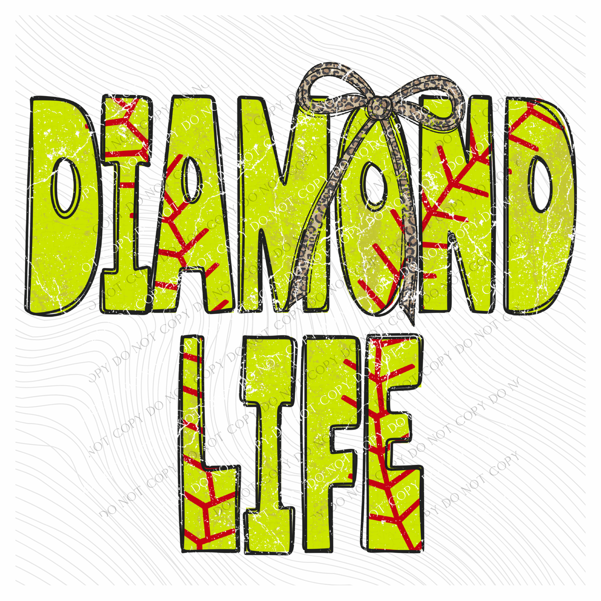 Diamond Life Softball Stitch Leopard Bow Doodle Distressed Digital Design, PNG