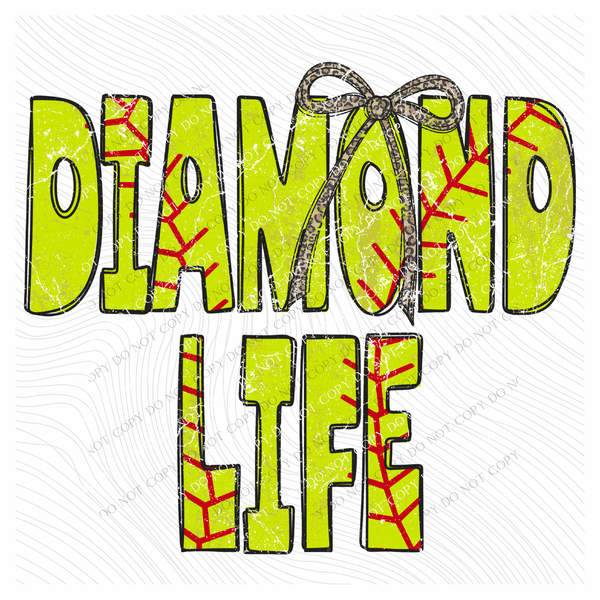 Diamond Life Softball Stitch Leopard Bow Doodle Distressed Digital Design, PNG