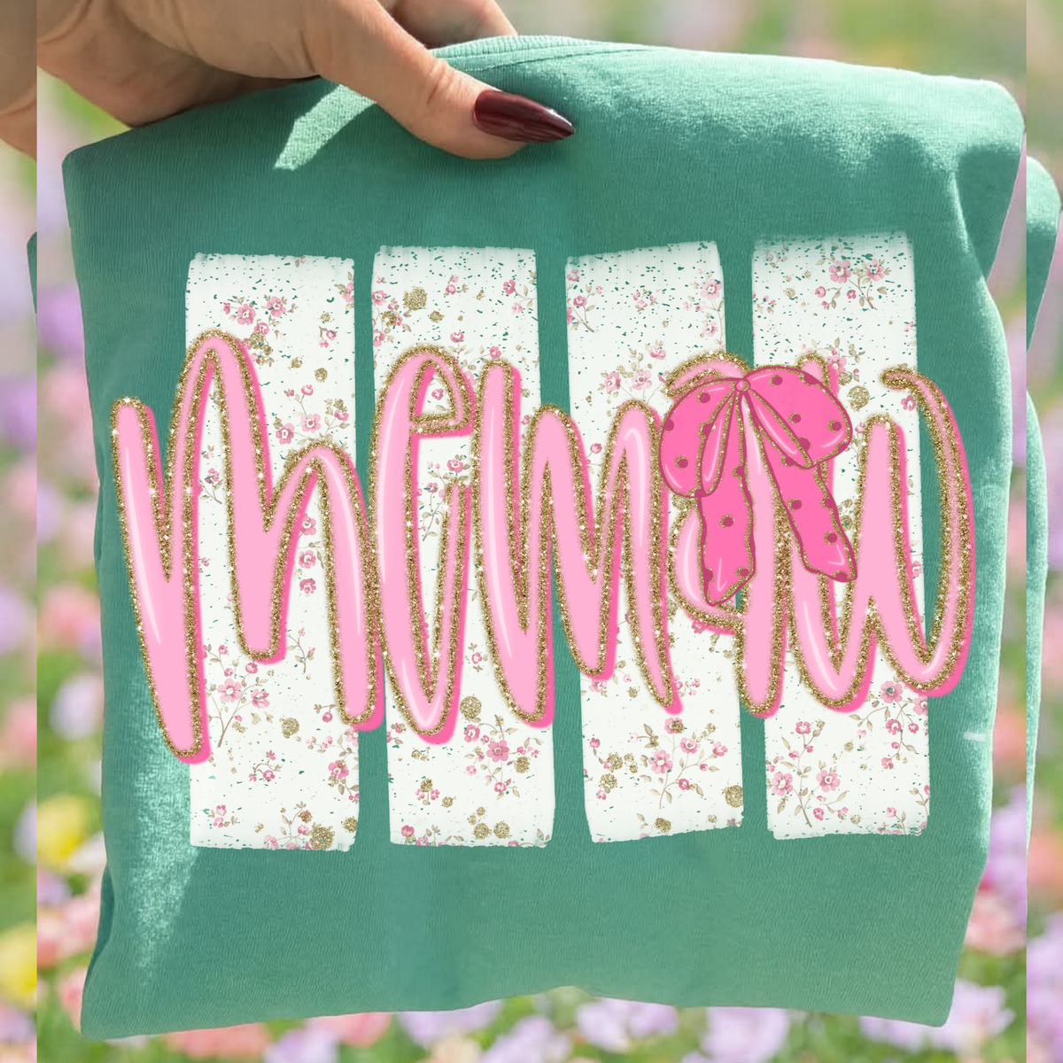 Memaw Floral Distressed Stripes, Glitter & Bow Coquette Digital Design, PNG