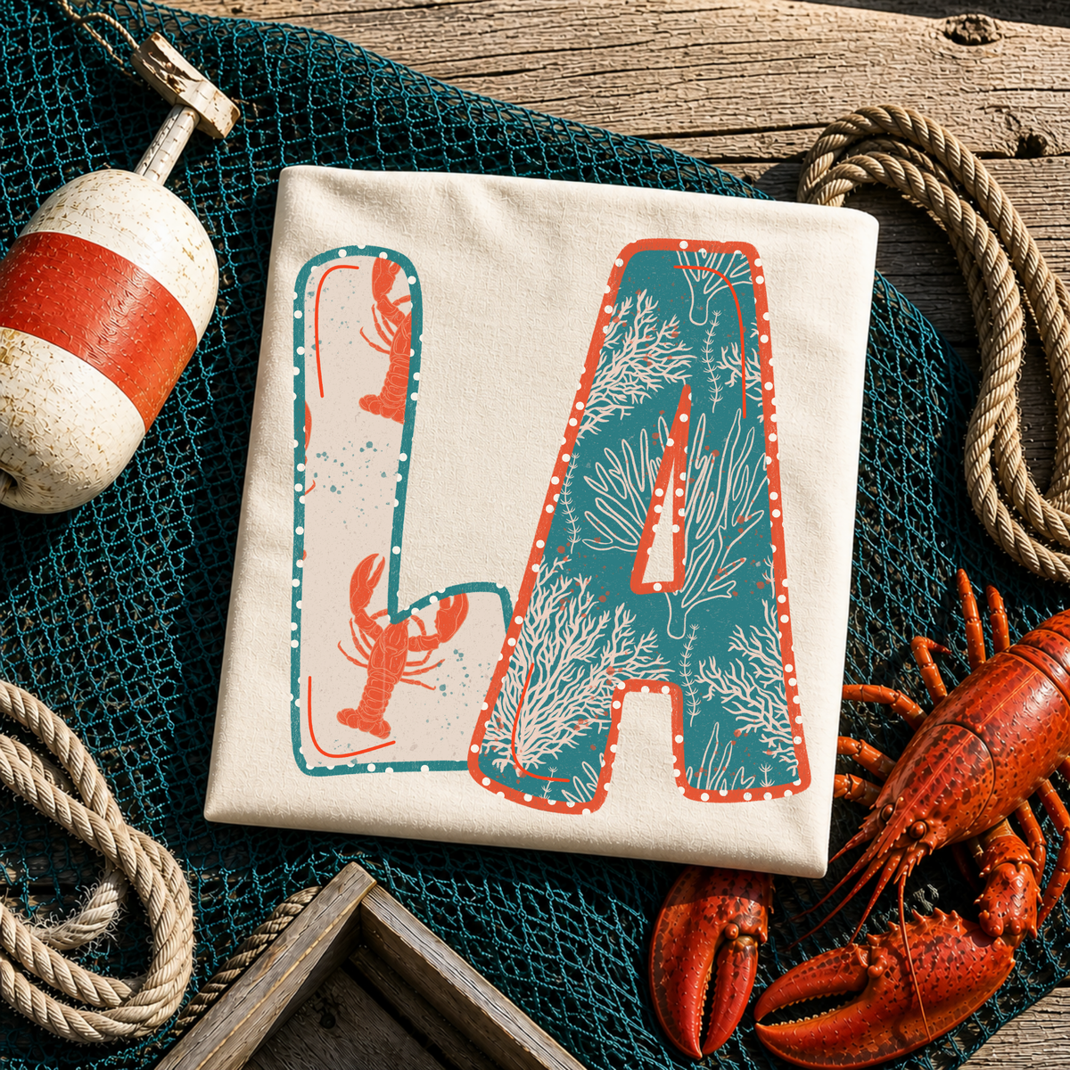 LA Louisiana  Lobster Coral Reef Polka Dot Outline Digital Design, PNG
