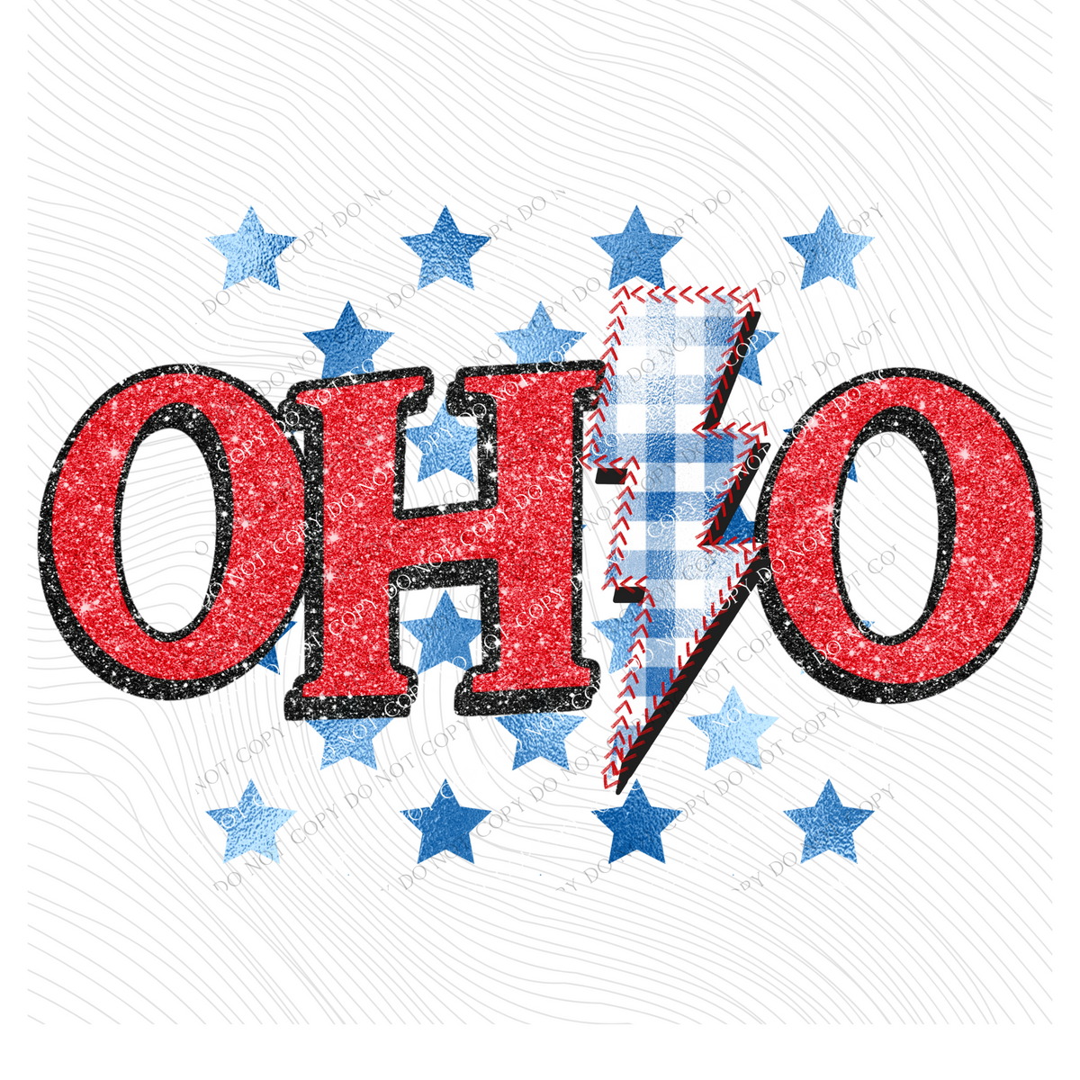 Ohio Glitter with Foil Stars & Gingham Stitched Bolt in Red, White & Blue Patriotic Digital Design, PNG