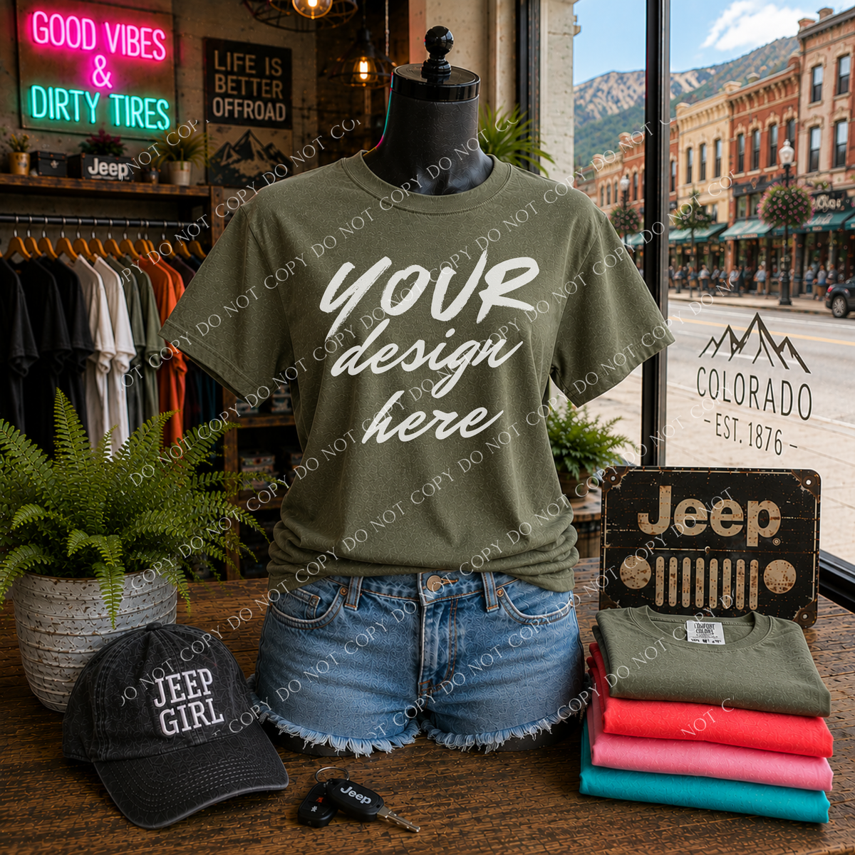 Jeep Girl Blank Mockup, Comfort Colors 1717 Moss
