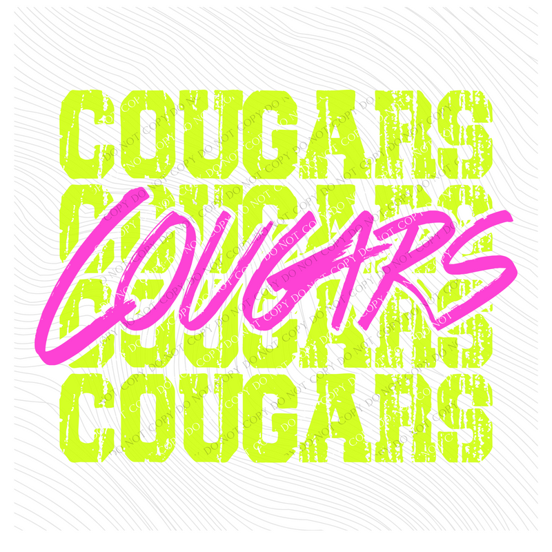 Cougars Stacked Cutout Bright Yellow & Pink Digital Design, PNG