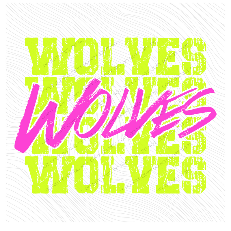 Wolves Stacked Cutout Bright Yellow & Pink Digital Design, PNG