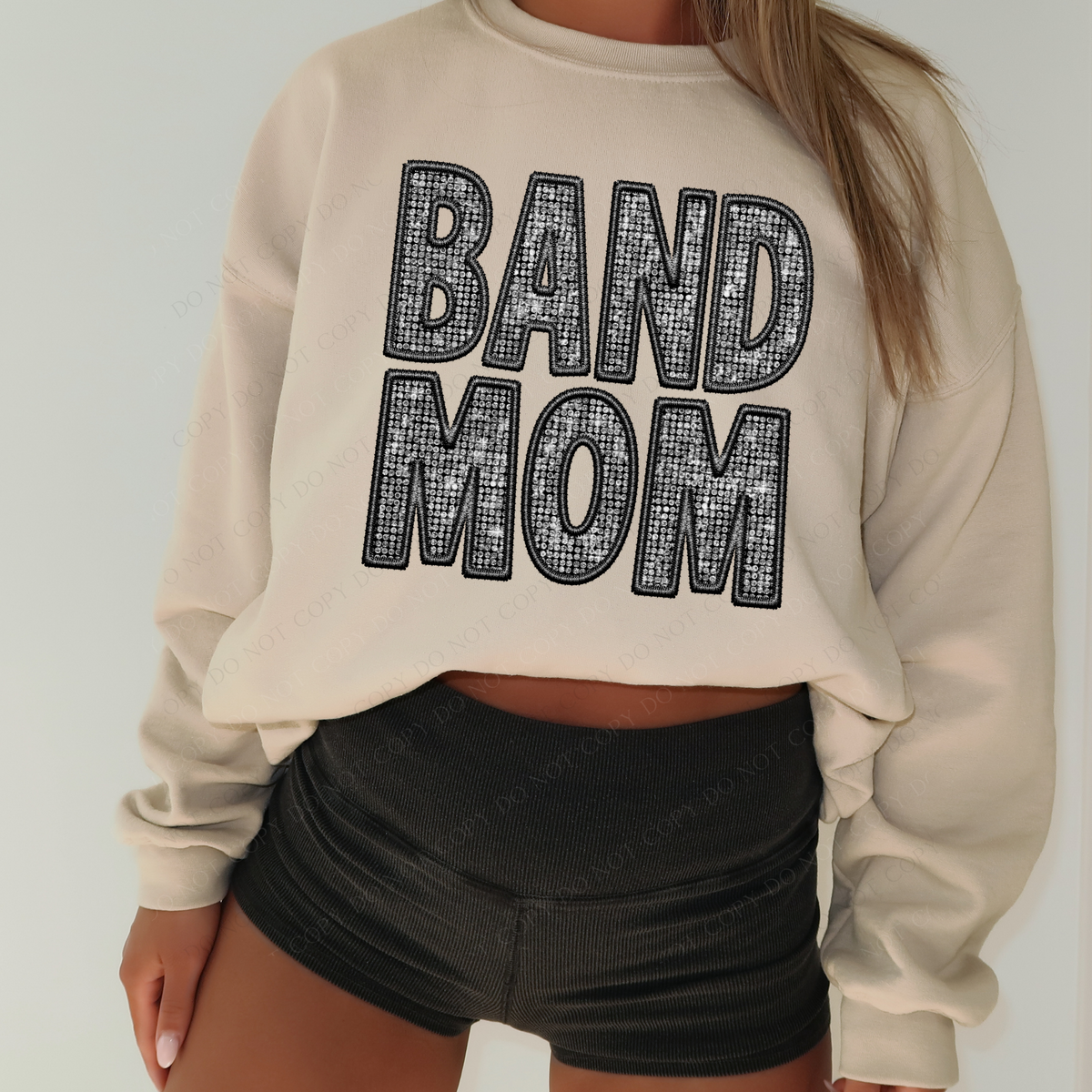 Band Mom Faux Embroidery Diamonds Bling in Black Digital Design, PNG