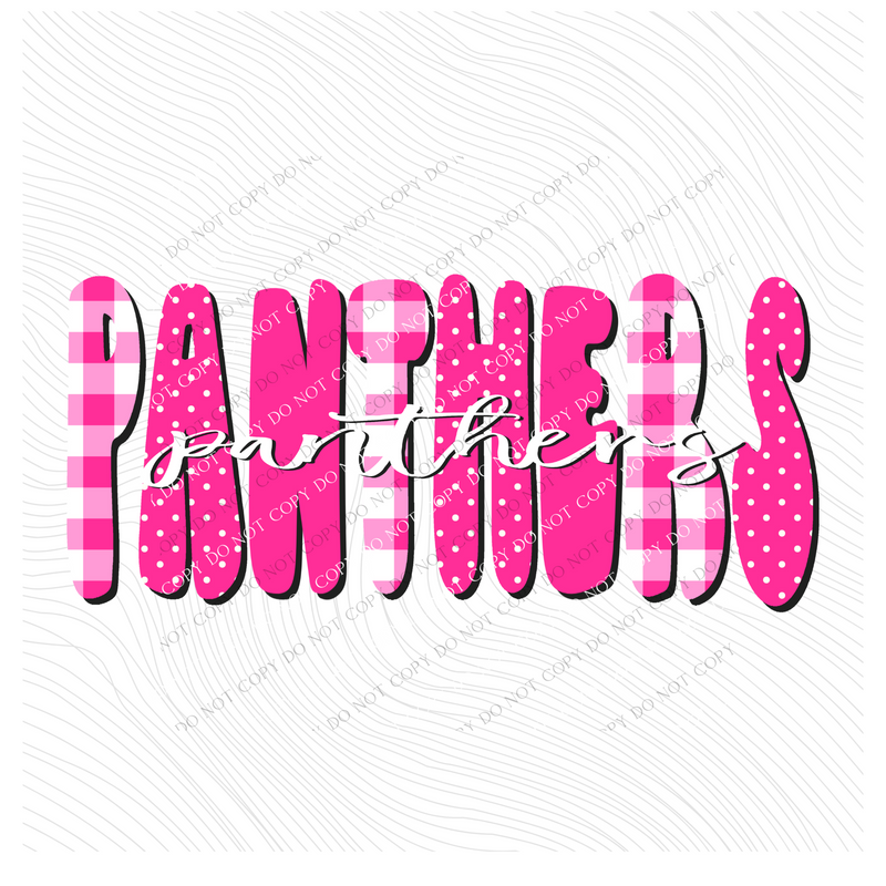 Panthers Gingham Dots Groovy Script in Pink & White Digital Design, PNG