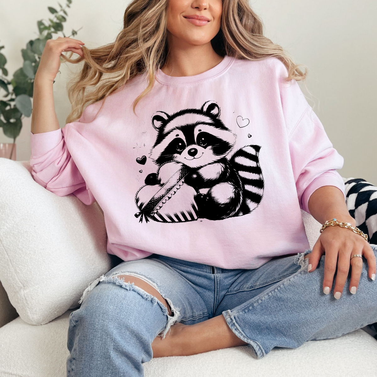 Valentine’s Raccoon Chocolates & Hearts Black Outline Digital Design, PNG