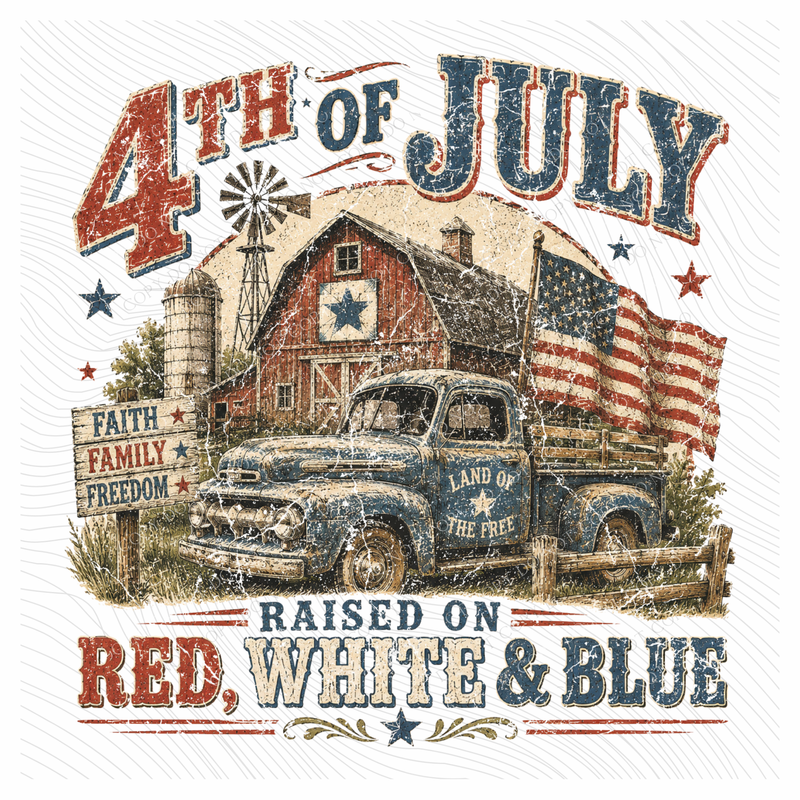 Raised on Red, White & Blue Farm Retro Vintage Distressed Patriotic Digital Design, PNG