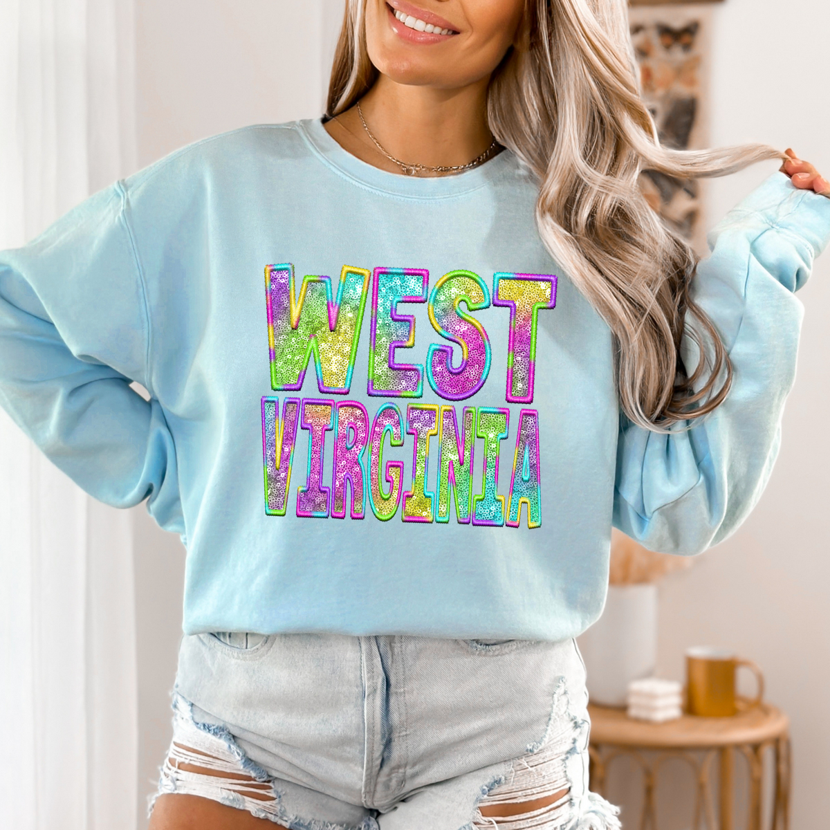 West Virginia Faux Embroidery & Sequin in Colorful Fun Tie Dye Digital Download, PNG
