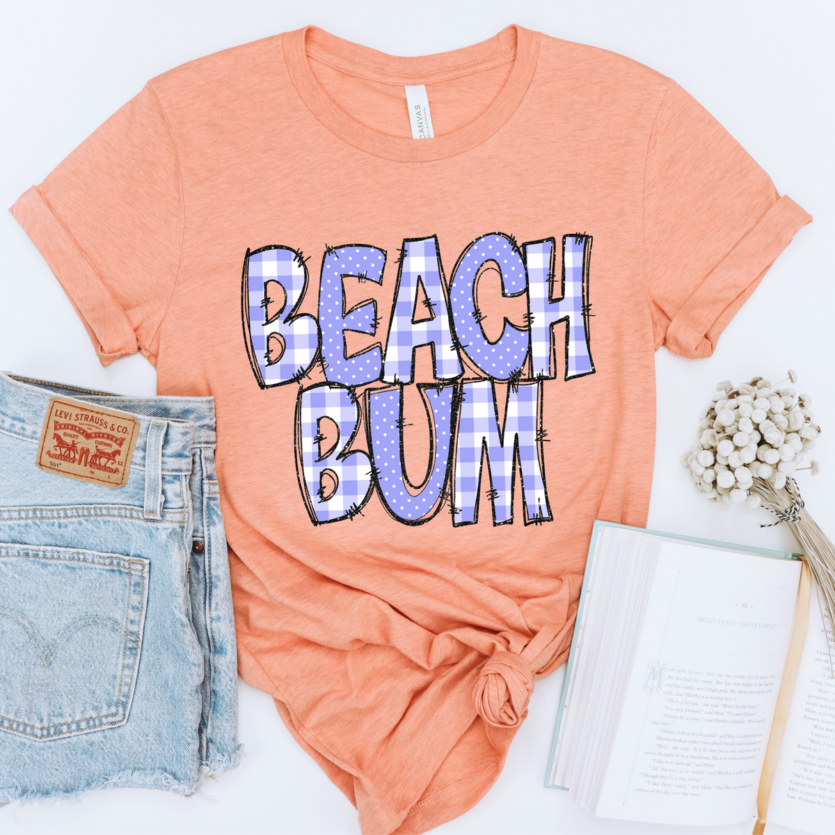 Beach Bum Doodle Gingham, Dots & Glitter in Lilac Digital Design, PNG