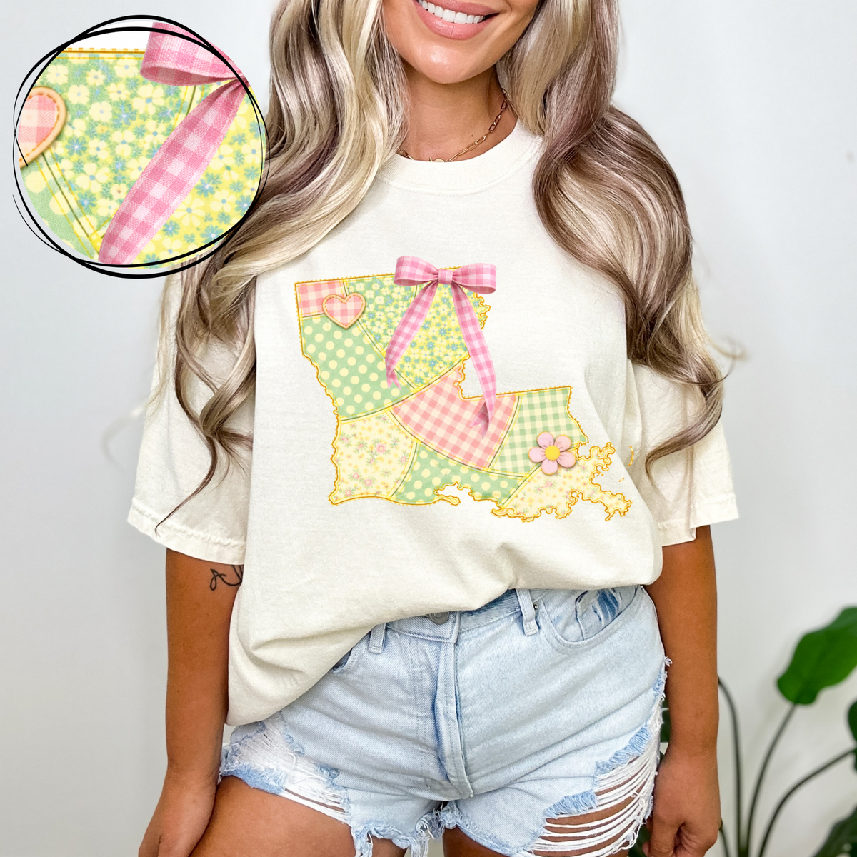 Louisiana Spring Tones Quilted Faux State Patch with Bow Digital Design, PNG