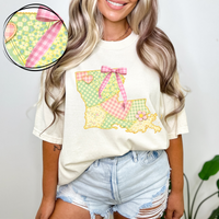 Louisiana Spring Tones Quilted Faux State Patch with Bow Digital Design, PNG