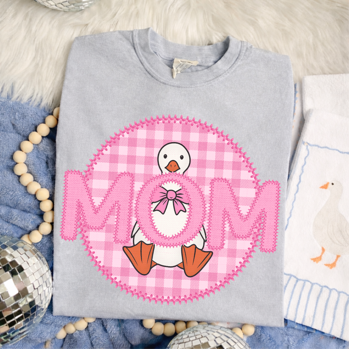 Mom Goose Faux Embroidery Stitch Gingham Texture Circle Pink Digital Design, PNG