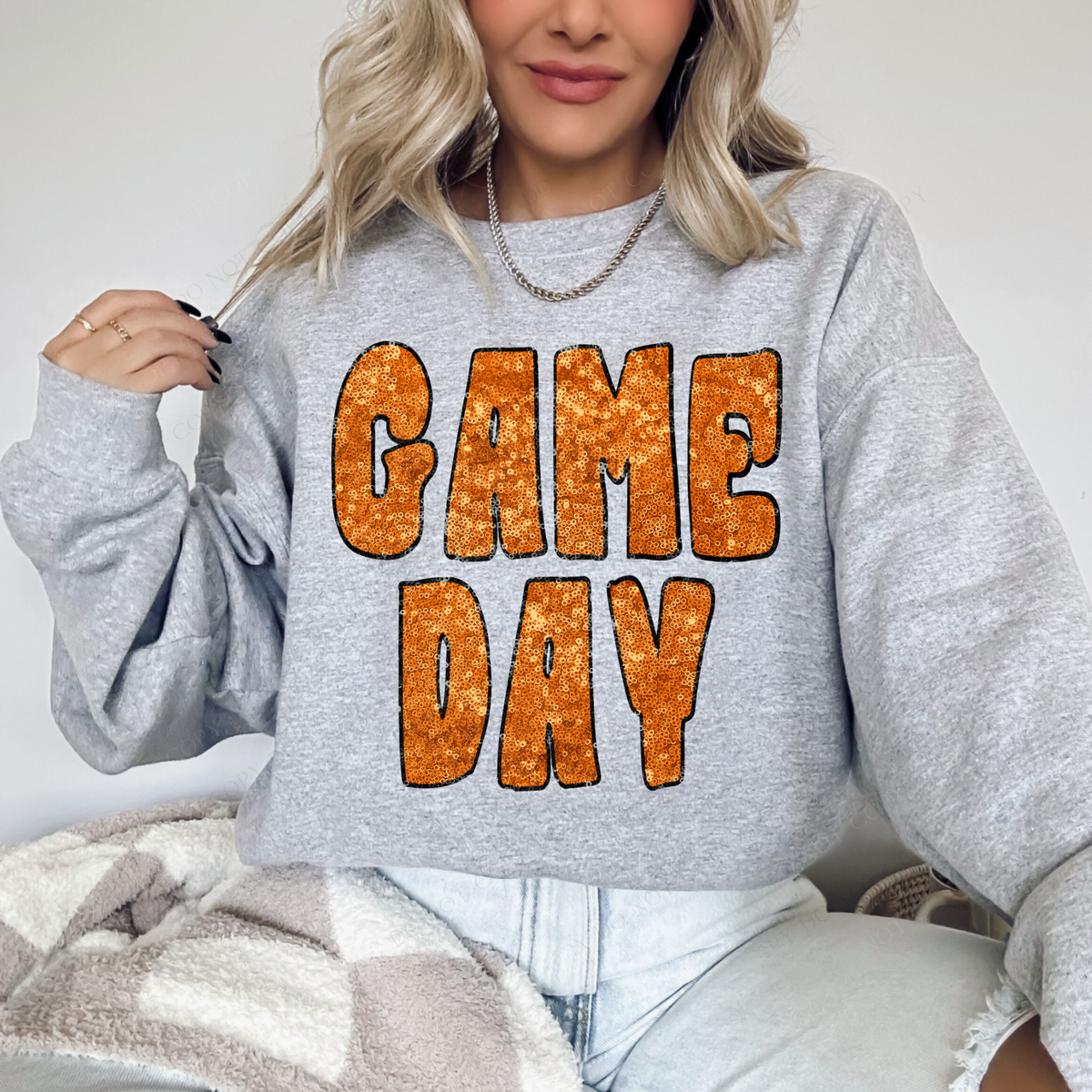 Game Day Retro Faux Sequin with Outline Digital Design in Orange & Black, PNG