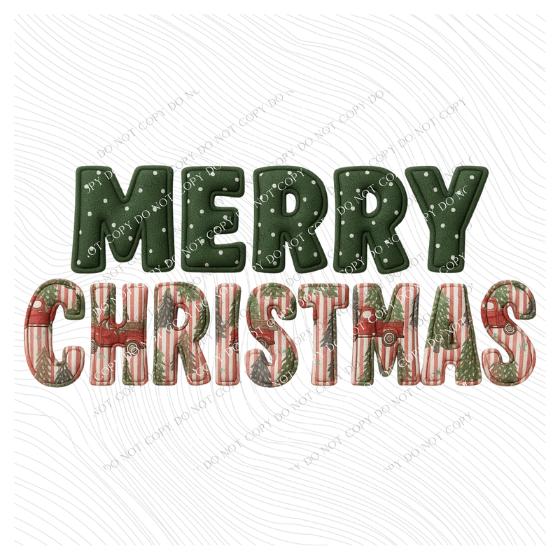 Merry Christmas Stripes, Trucks & Dots 3D Faux Fabric Patch Digital Design, PNG