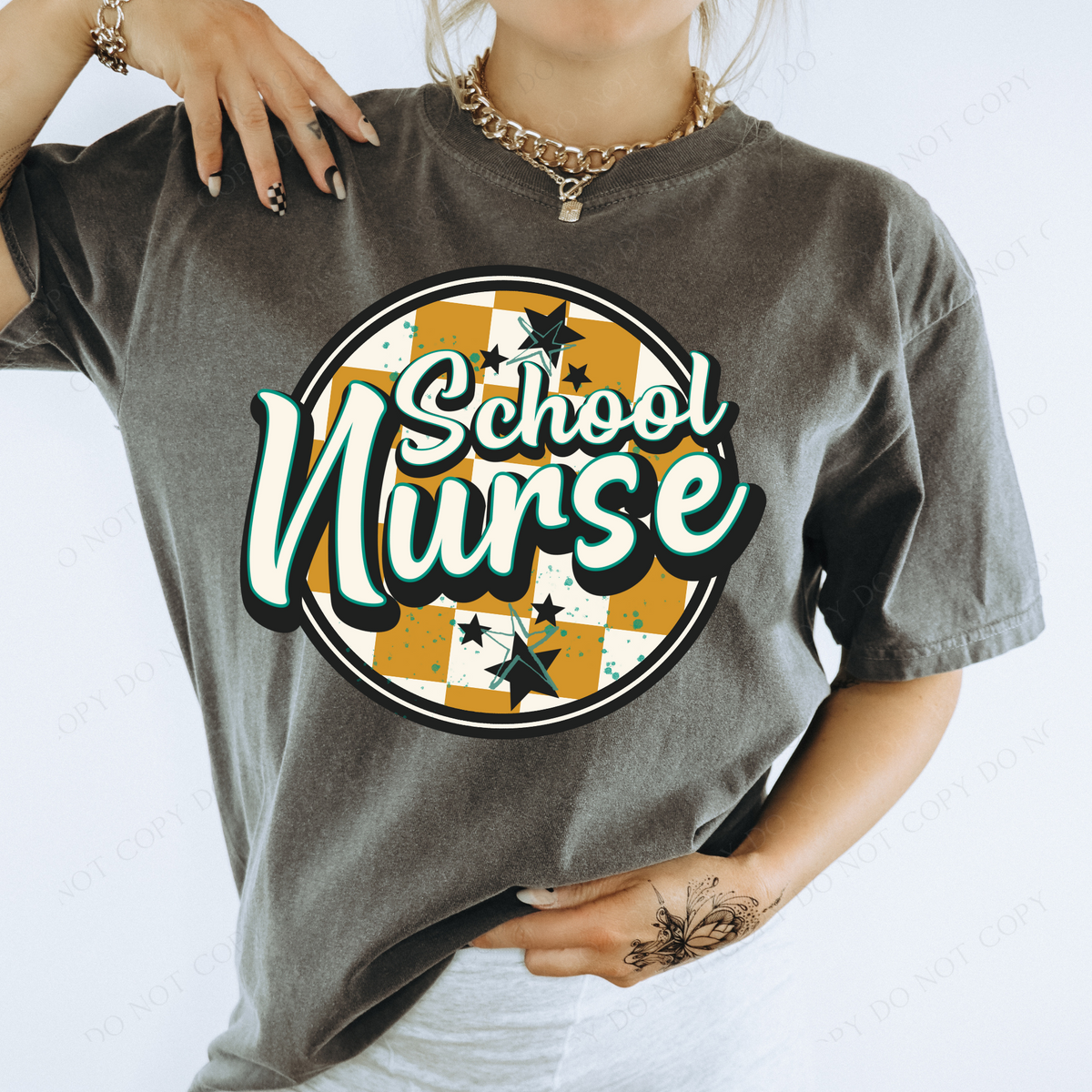 School Nurse Mustard Checkered Circle with Stars School Digital Design, PNG