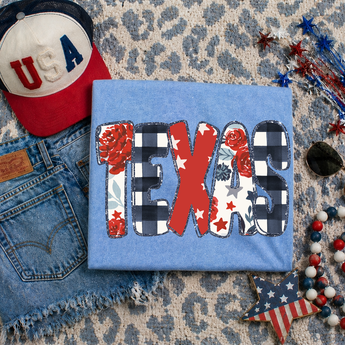 Texas Glitter, Floral, Gingham & Stars Patriotic Digital Design, PNG