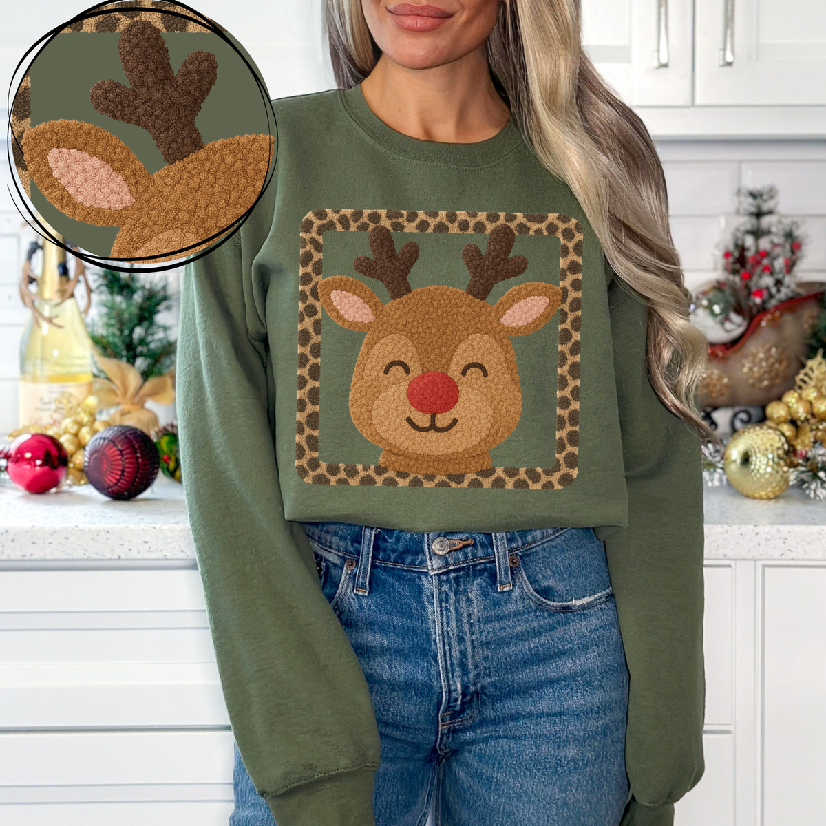 Reindeer 3D Leopard Square Chenille Patch Style Digital Download, PNG