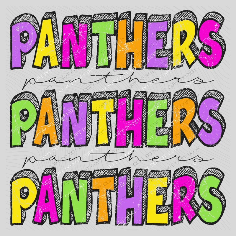 Panthers Bubble Dot Stacked Script Distressed in Neons Digital Design, PNG