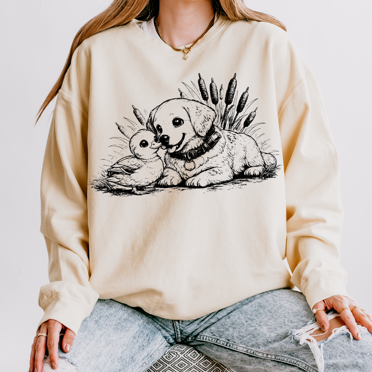 Duck & Dog Bestie Black Outline Digital Design, PNG